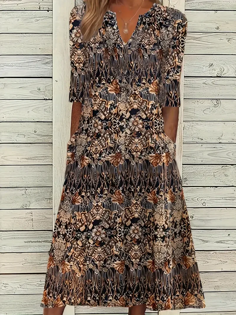 Women's Short Sleeve Summer Brown Floral Printing V Neck Daily Going Out Casual Maxi H-Line Fit & Flare Dress Dress