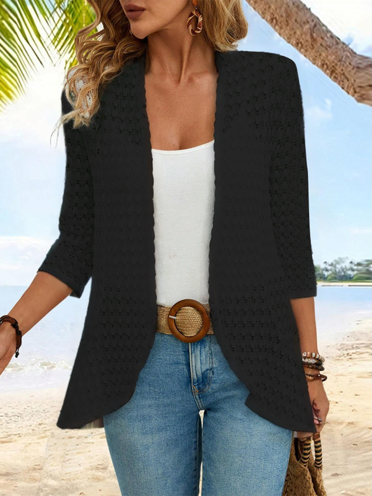 Plain Jacquard Vacation Loose Kimono