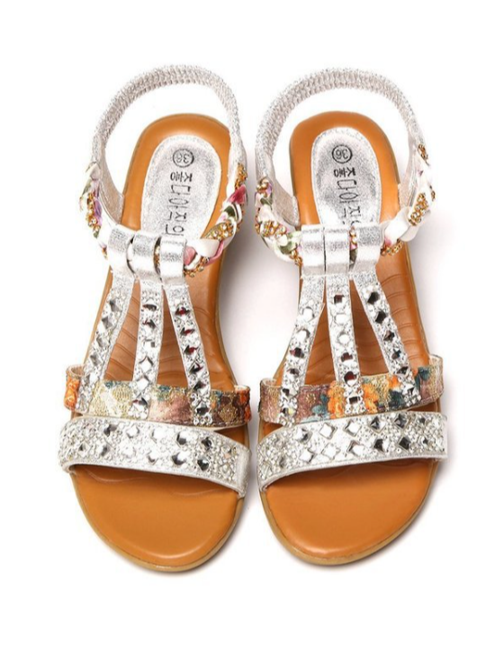 Summer New Ethnic Style Fish Mouth Foot Elastic Band Wedge Heel Fashion Leisure Large Size Women's Elastic Band Roman Rhinestone Sandals