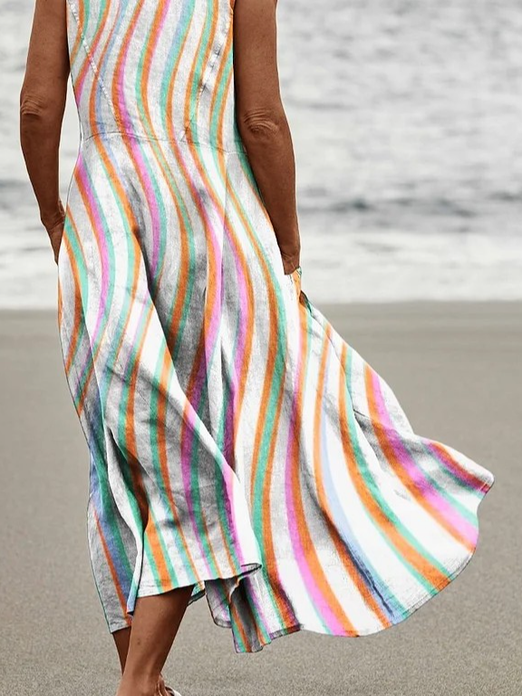 Colourful Wavy Print Womens Pocket Pinafore Linen Dress