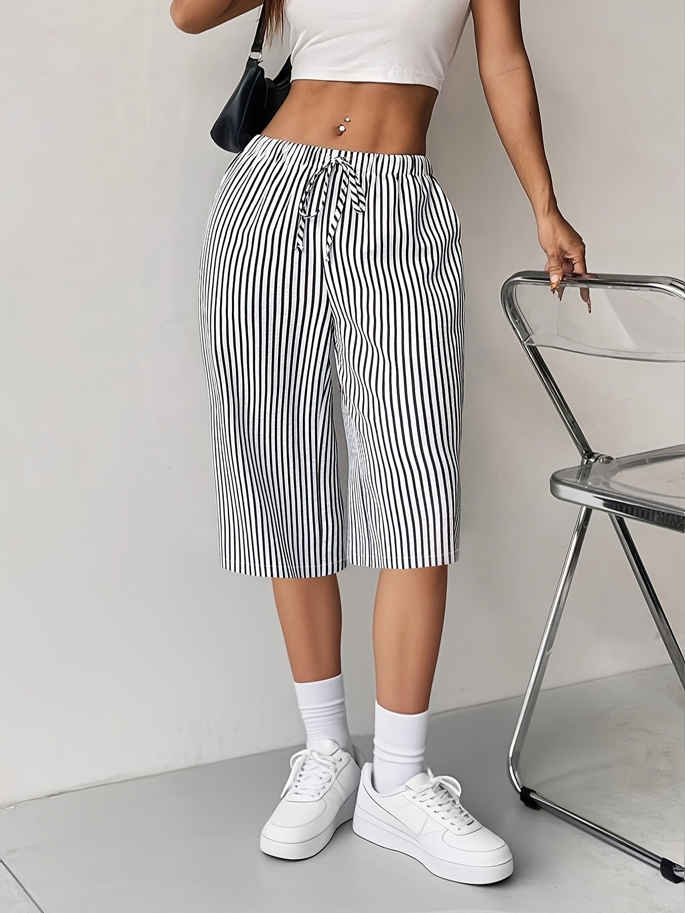 Spring And Summer Casual Striped Straight Lace-Up Pants