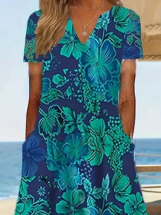 Women's Short Sleeve Summer Cyan Floral Printing V Neck Daily Going Out Casual Maxi H-Line Fit & Flare Dress Dress
