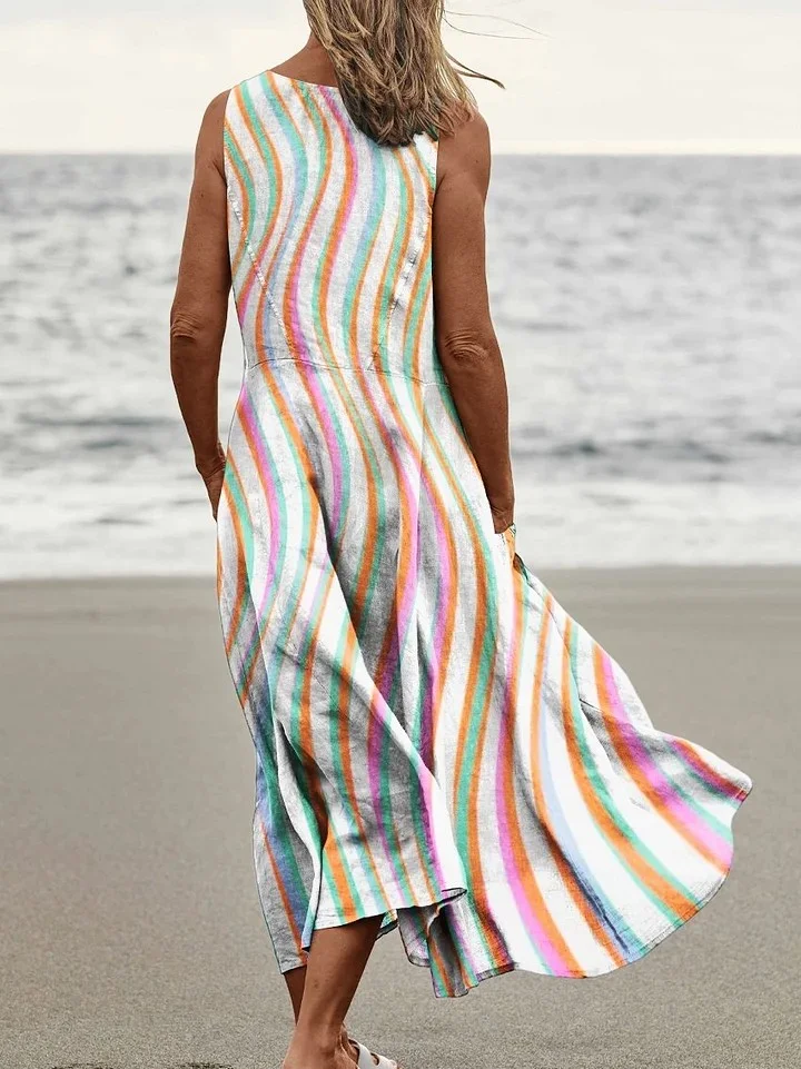 Colourful Wavy Print Womens Pocket Pinafore Linen Dress