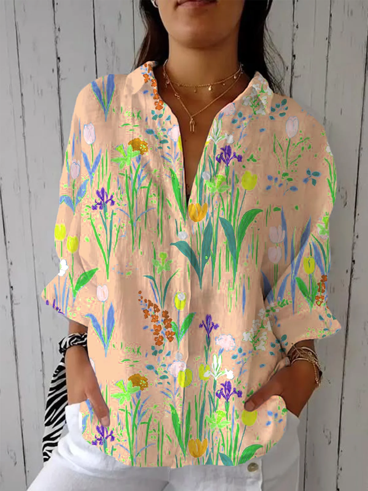Women's Retro Floral Print Casual Cotton And Linen Shirt