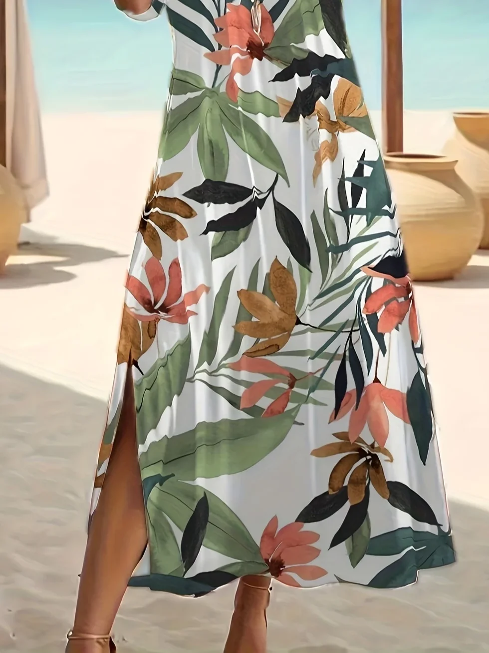 Women's Floral Print Casual Round Neck Short Sleeve Slit Dress