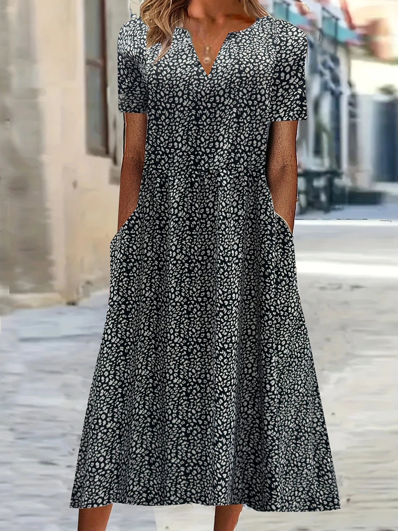 Women's Short Sleeve Summer Black Leopard Printing V Neck Daily Going Out Casual Maxi H-Line Fit & Flare Dress Dress