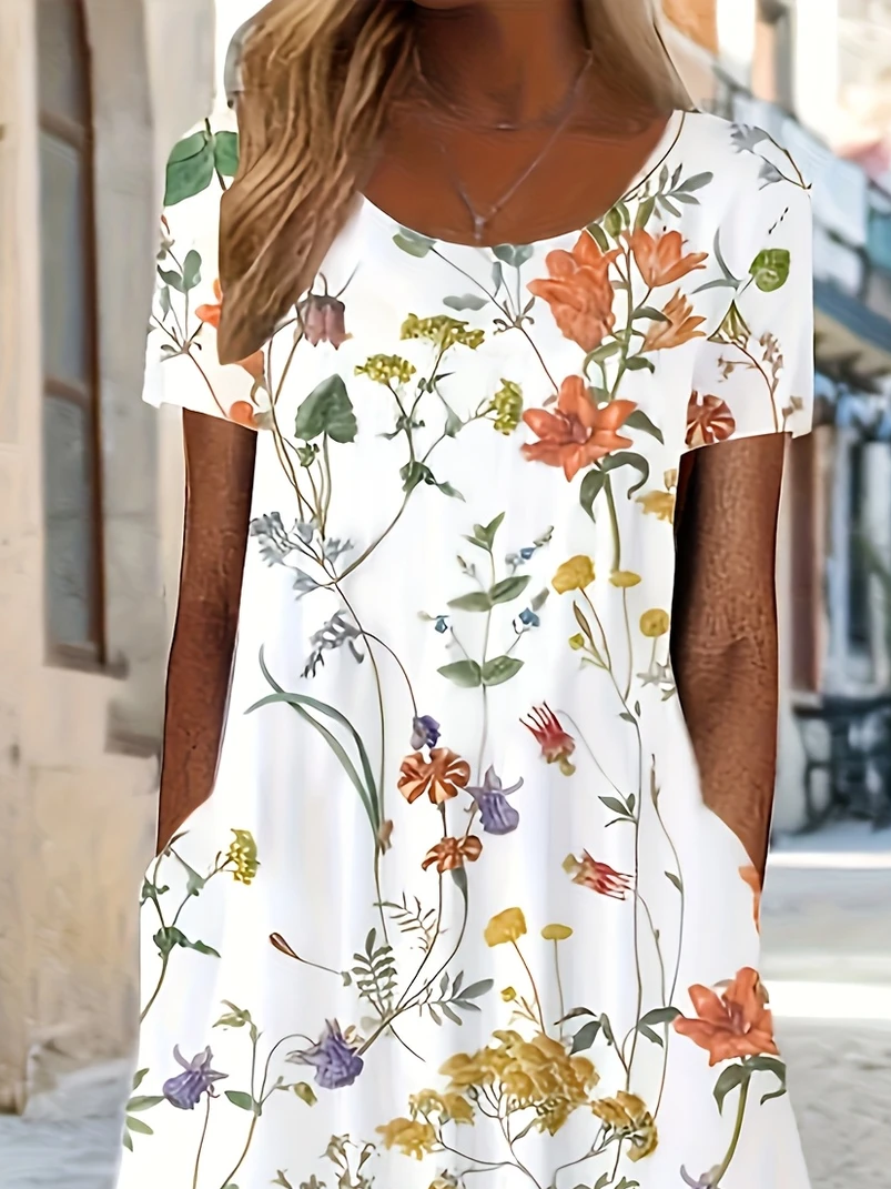 Women's Short Sleeve Summer White Floral Printing Crew Neck Daily Going Out Casual Maxi H-Line Shift Dress Dress
