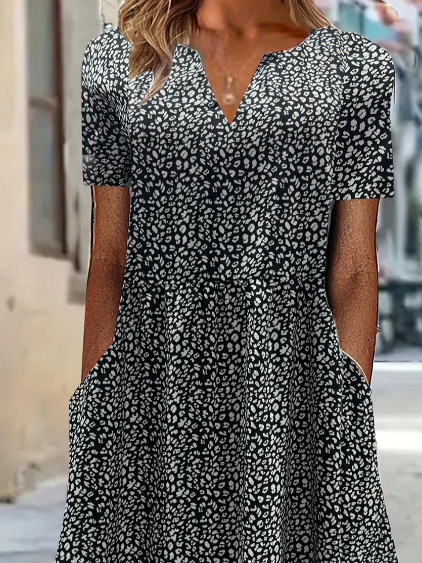 Women's Short Sleeve Summer Black Leopard Printing V Neck Daily Going Out Casual Maxi H-Line Fit & Flare Dress Dress