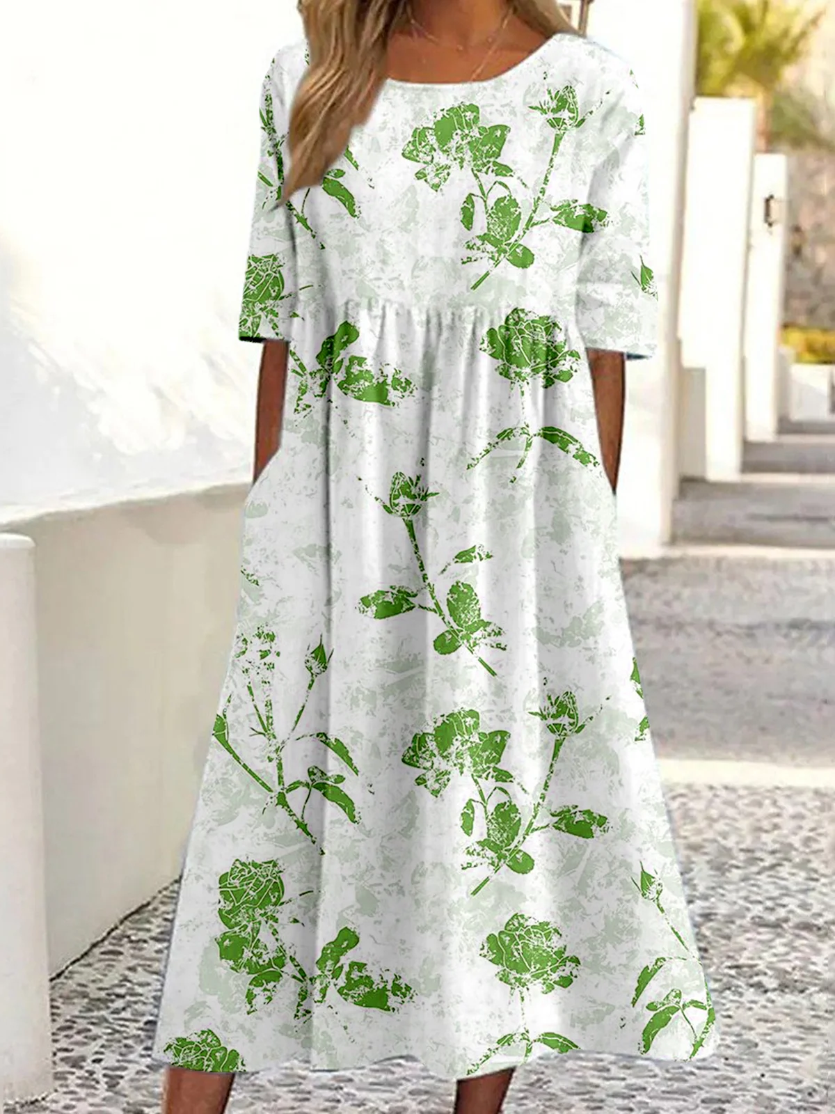 Floral Casual Loose Crew Neck Dress With No