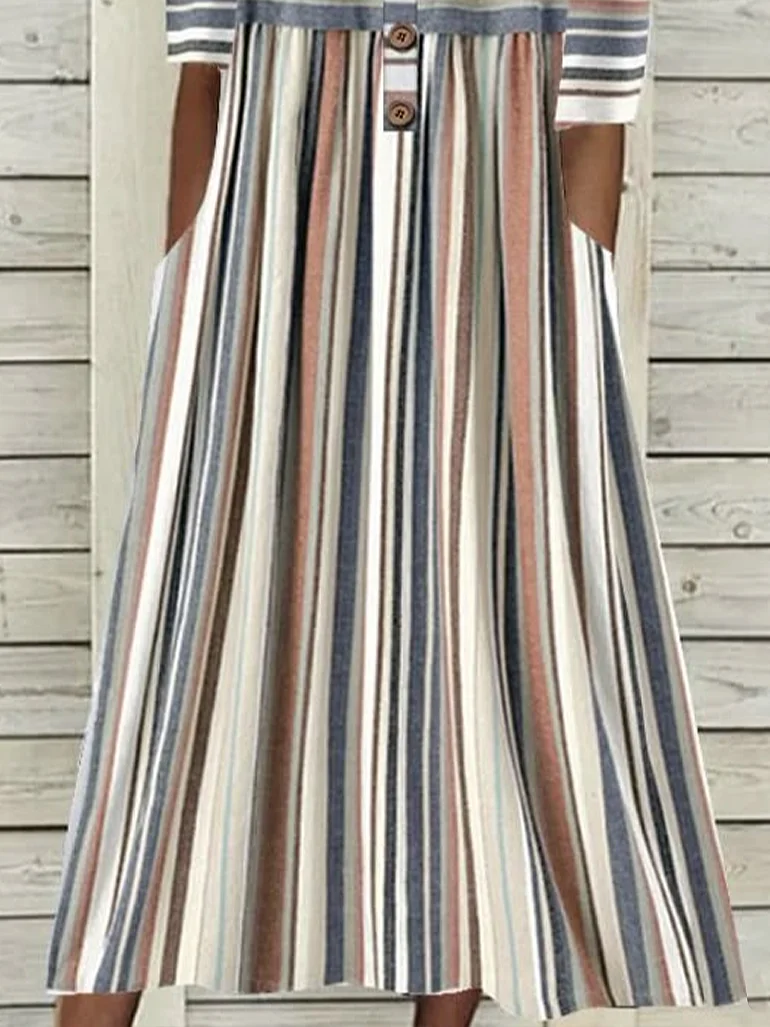 Women's Stripe Print Casual Button Dress