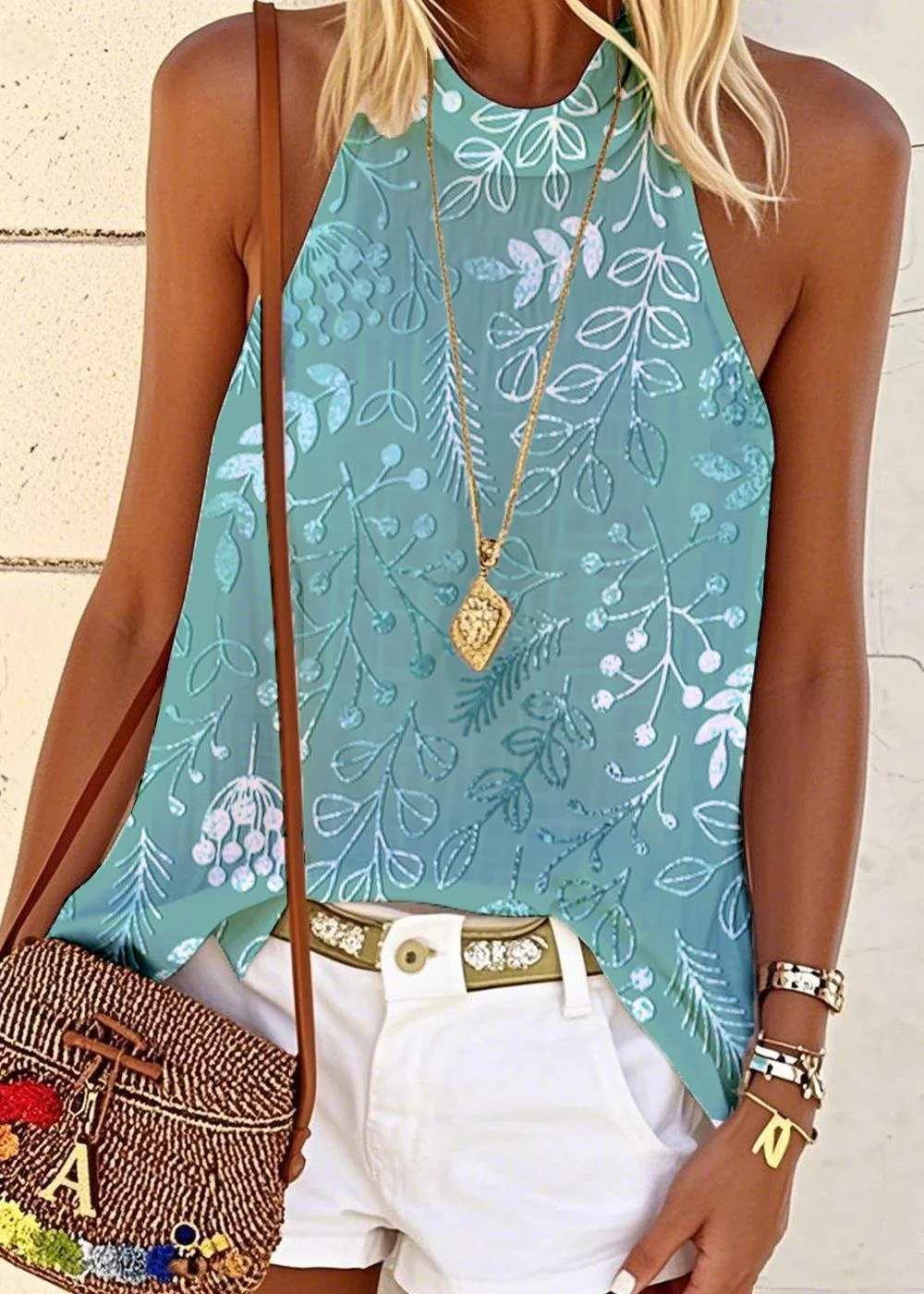 Regular Fit Vintage Botanical Pattern Halter T-Shirt