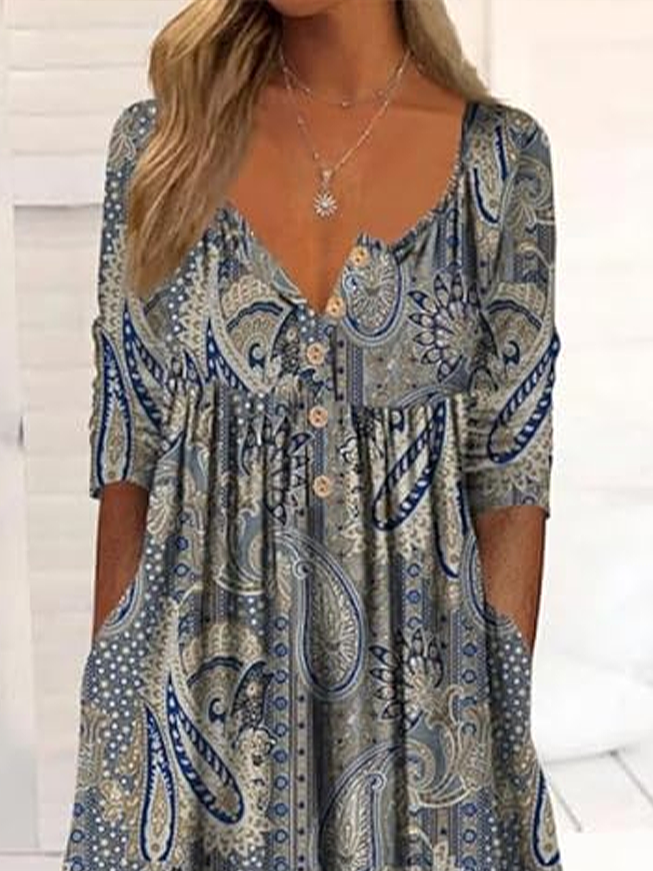 Women's Paisley Print Casual Button Dress