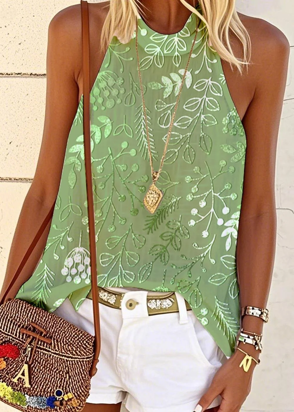 Regular Fit Vintage Botanical Pattern Halter T-Shirt