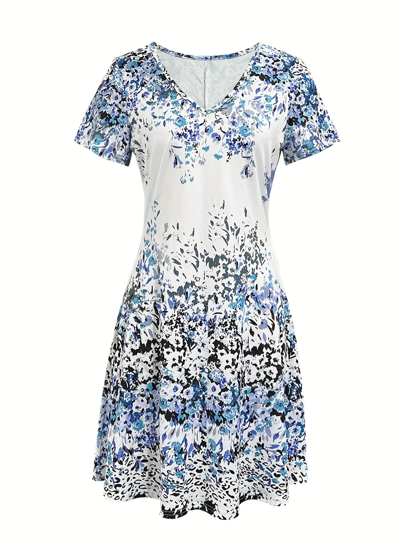 Regular Fit V Neck Gradient Pattern Casual Dress With No
