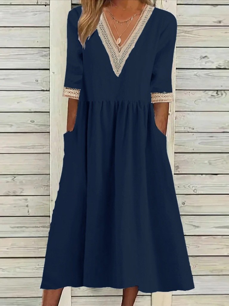 Women's Half Sleeve Summer Light Blue Plain Split Joint V Neck Daily Going Out Casual Maxi A-Line Fit & Flare Dress Dress