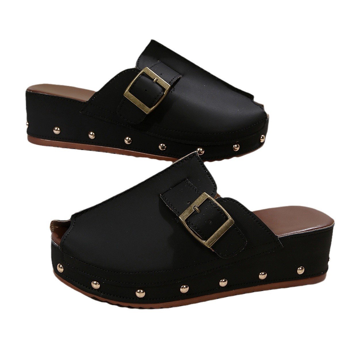 Thick-soled Buckled Rivet Fish-mouthed Closed-toe Slippers For Women To Wear As Outerwear With Belt Buckle British-style Beach Thick-soled Roman Sandals