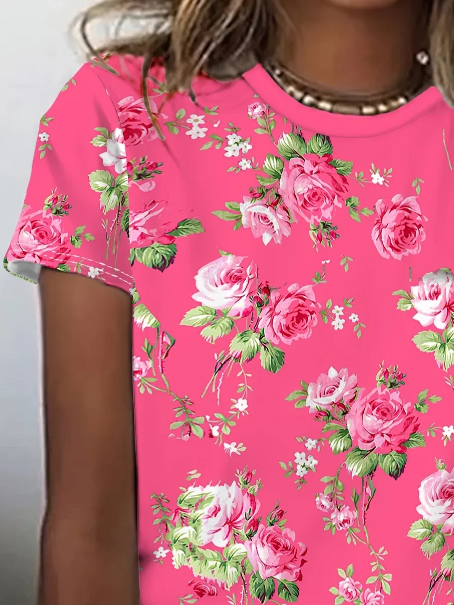 Women's Floral Print Casual Crew Neck Short Sleeve T-Shirt