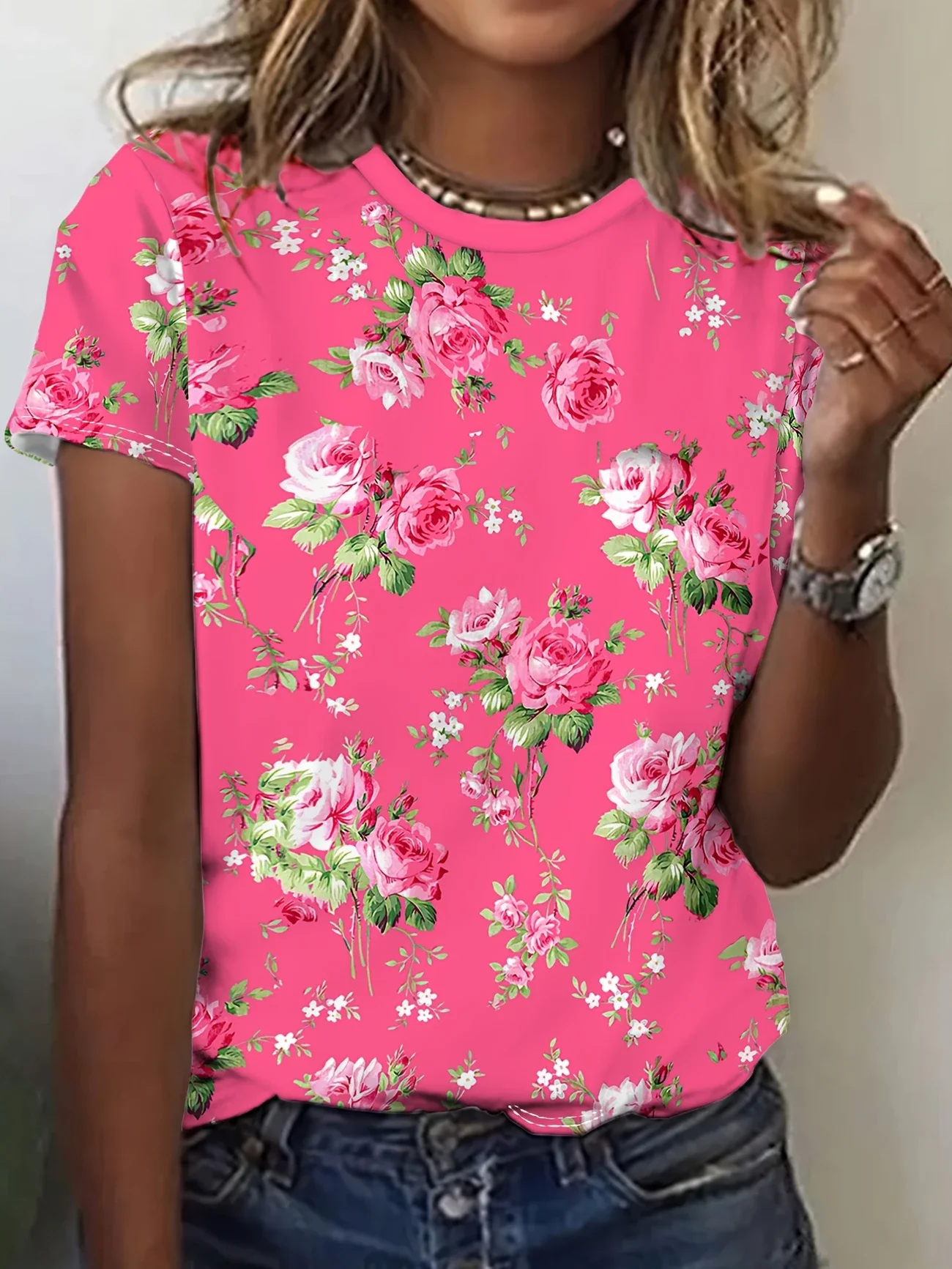 Women's Floral Print Casual Crew Neck Short Sleeve T-Shirt