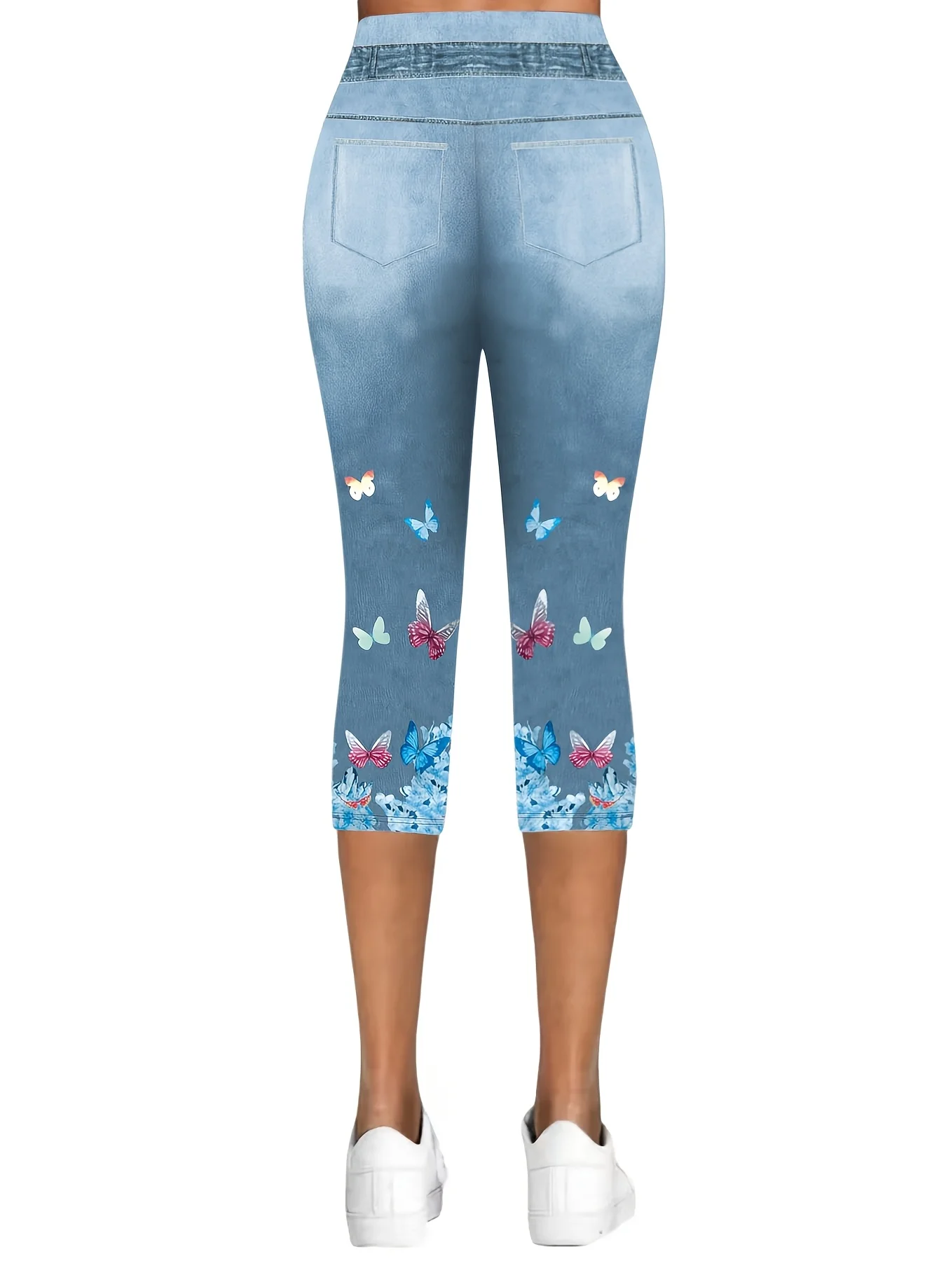 Tight Casual Faux Denim Print Graphic Cotton-Blend Leggings