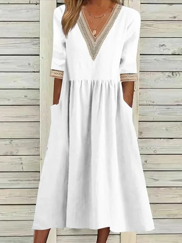 Women's Half Sleeve Summer Light Blue Plain Split Joint V Neck Daily Going Out Casual Maxi A-Line Fit & Flare Dress Dress