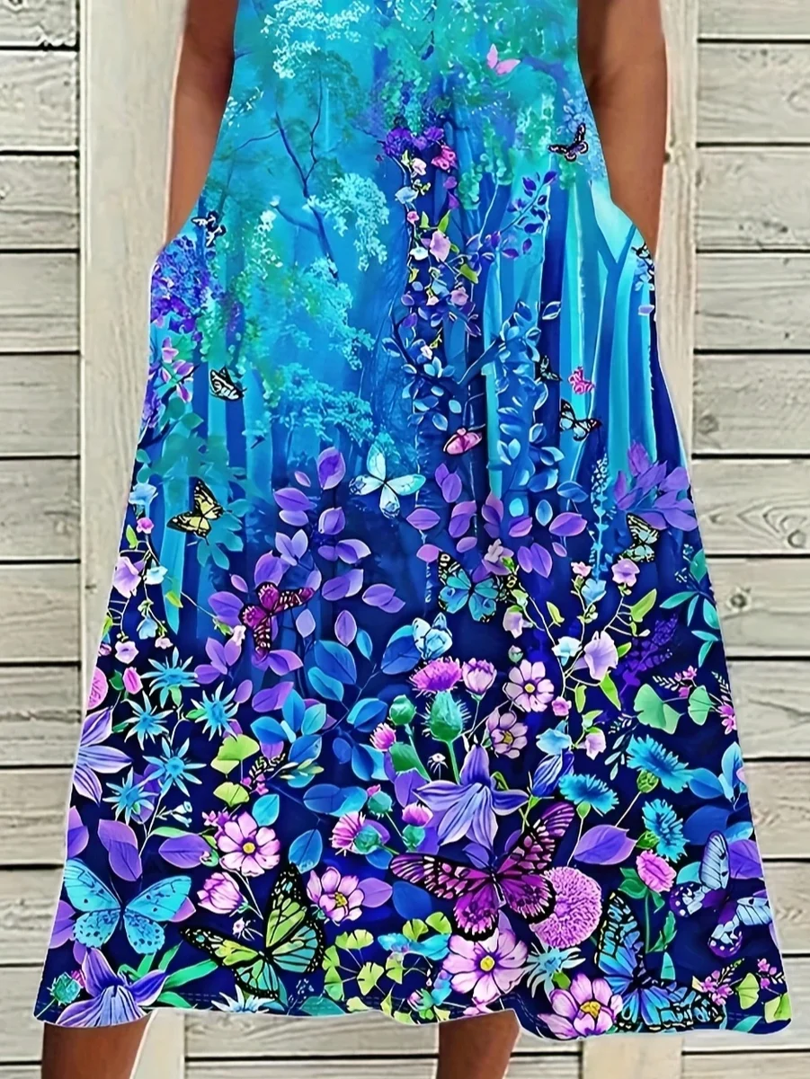 Women's Floral Butterfly Print Casual Crew Neck Dress