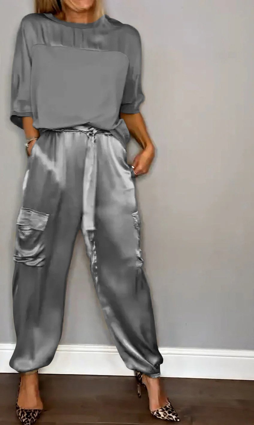 Women's Pocket Stitching Plain Daily Going Out Two-Piece Set Khaki Casual Summer Top With Pants Matching Set