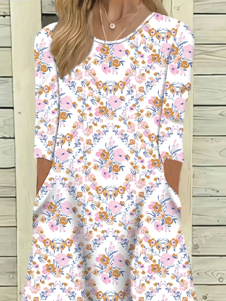 Women's Floral Print Casual Crew Neck Dress