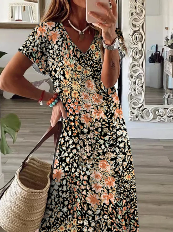 Women's Floral Print Casual V-Neck Short Sleeve Dress