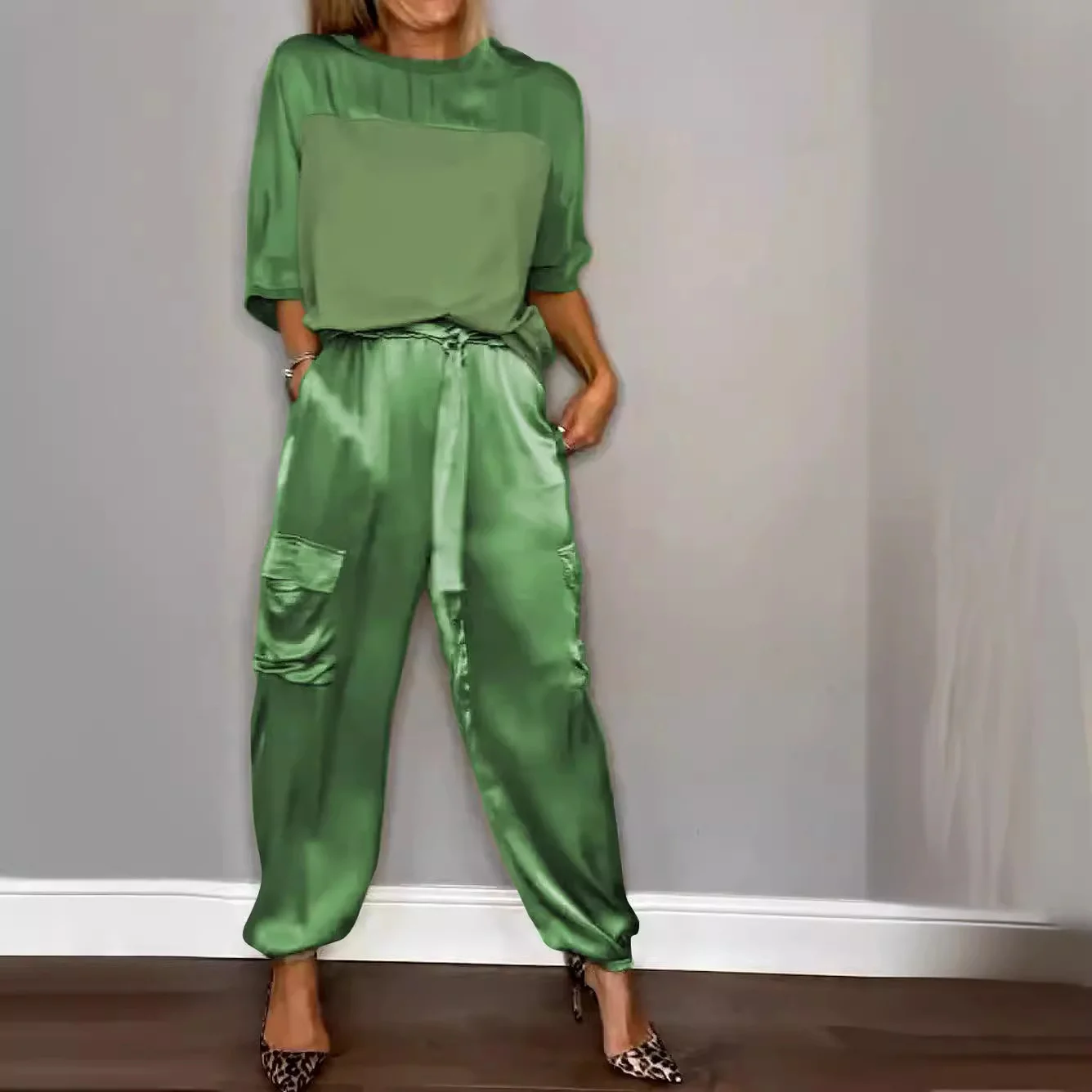 Women's Pocket Stitching Plain Daily Going Out Two-Piece Set Khaki Casual Summer Top With Pants Matching Set