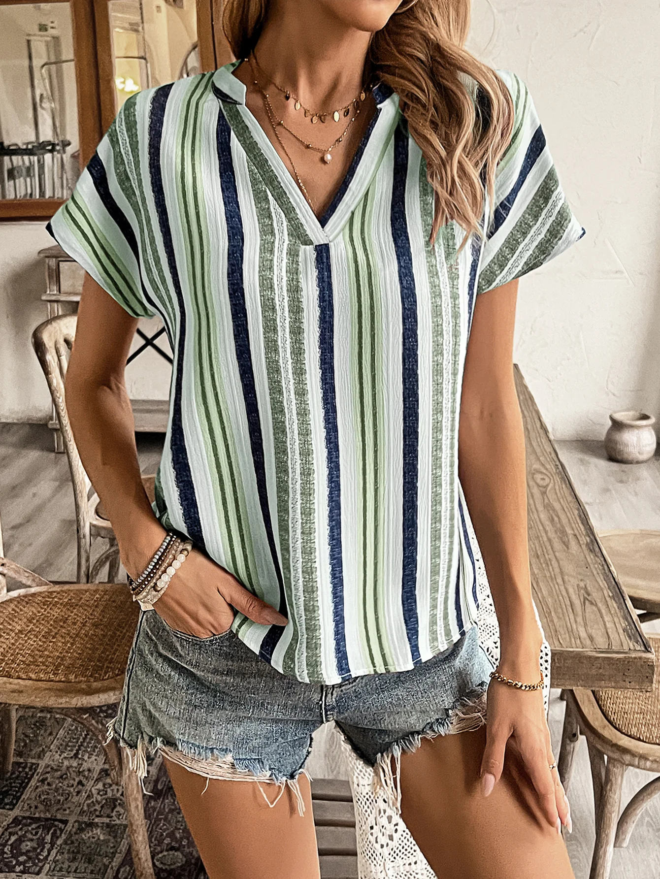Women's Short Sleeve T-shirt Summer Yellow Striped Printing V Neck Dolman Sleeve Daily Going Out Casual Top