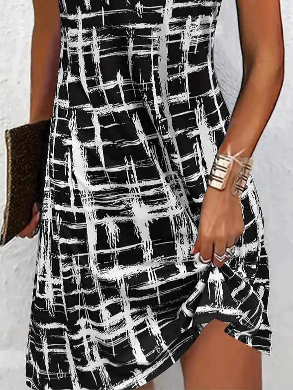 Women's Abstract Check Print Casual Round Neck Short Sleeve Dress