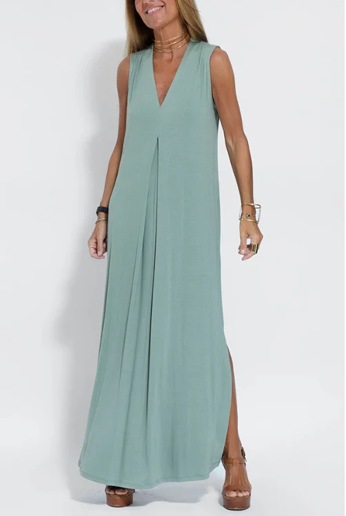 Women's Sleeveless Summer Khaki Plain Split Joint V Neck Daily Going Out Casual Maxi A-Line Fit & Flare Dress Dress