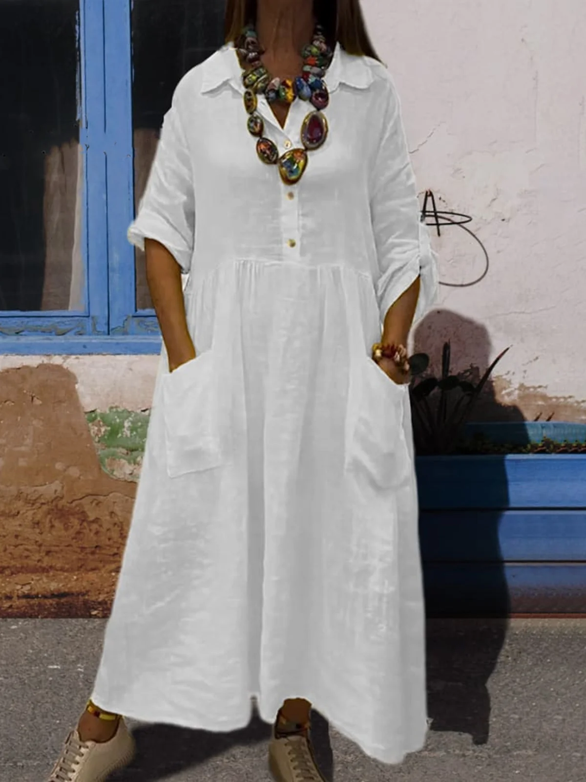 Casual Plain Shirt Collar Maxi Dress