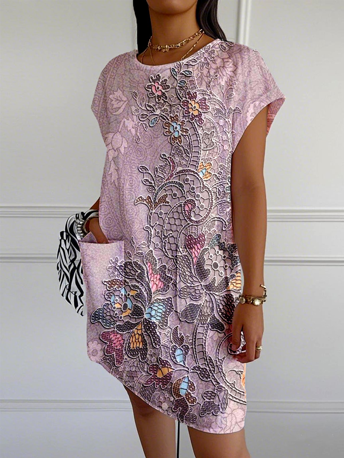 Casual 3D Printing Crew Neck Loose Dress With No