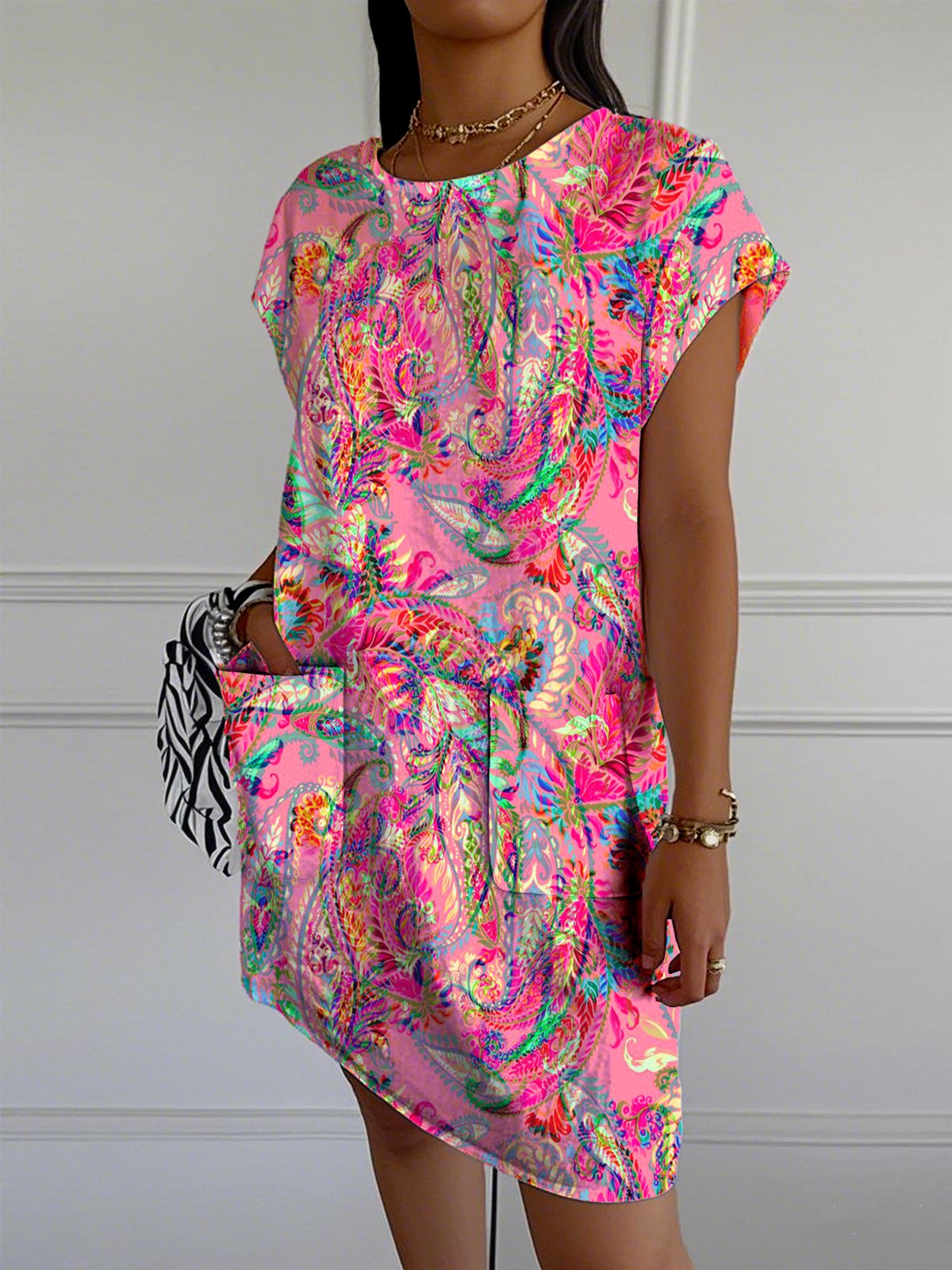Loose Crew Neck Casual Floral Dress With No