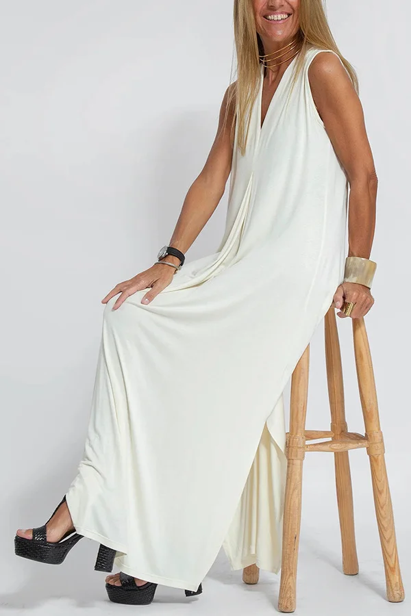 Women's Sleeveless Summer Khaki Plain Split Joint V Neck Daily Going Out Casual Maxi A-Line Fit & Flare Dress Dress