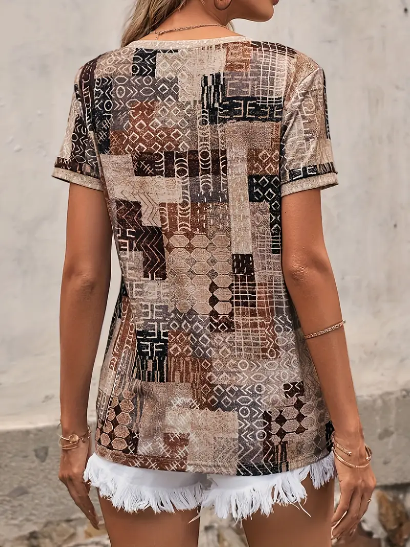 Women's Geometric Print Casual V-Neck Short Sleeve T-Shirt