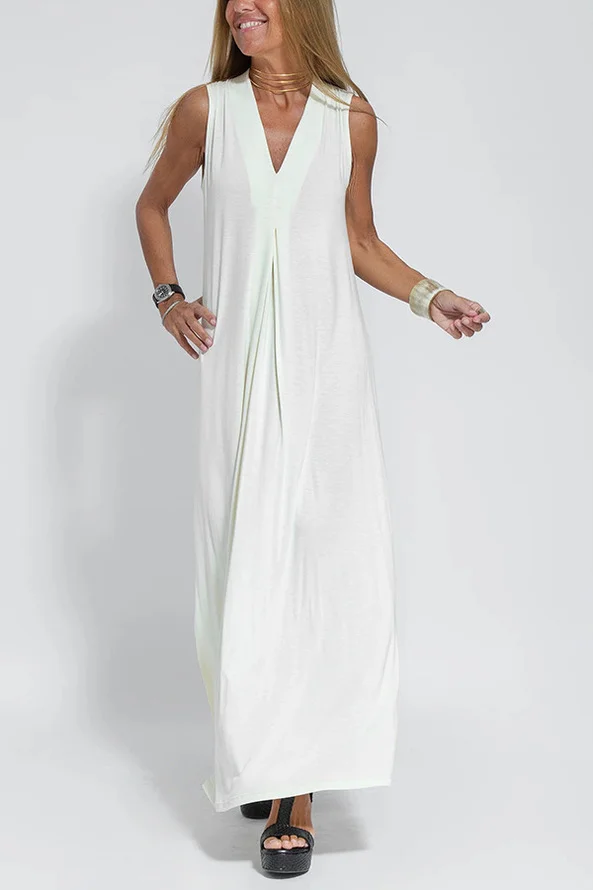 Women's Sleeveless Summer Khaki Plain Split Joint V Neck Daily Going Out Casual Maxi A-Line Fit & Flare Dress Dress