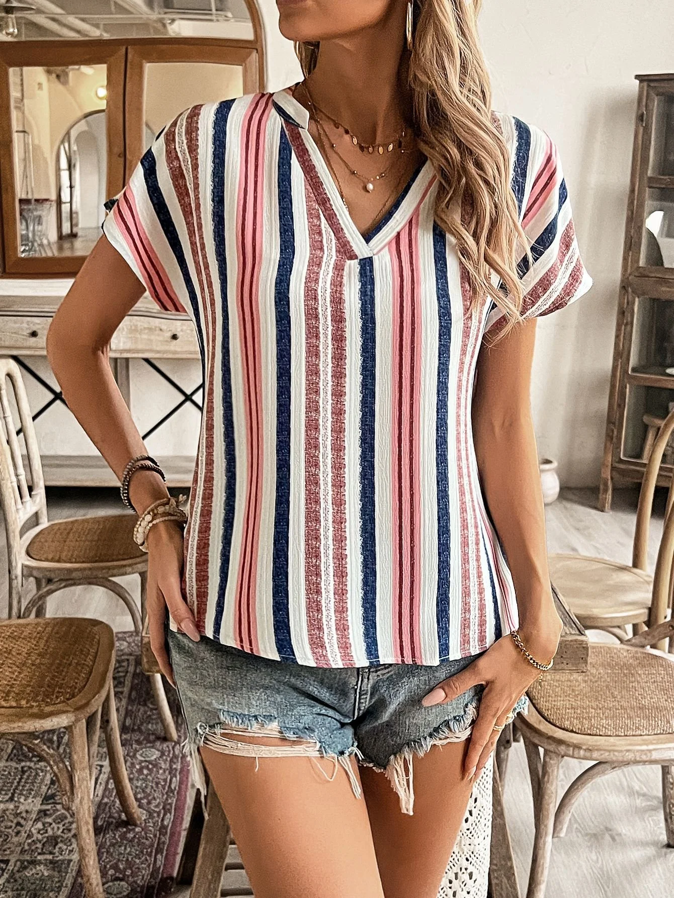 Women's Short Sleeve T-shirt Summer Yellow Striped Printing V Neck Dolman Sleeve Daily Going Out Casual Top
