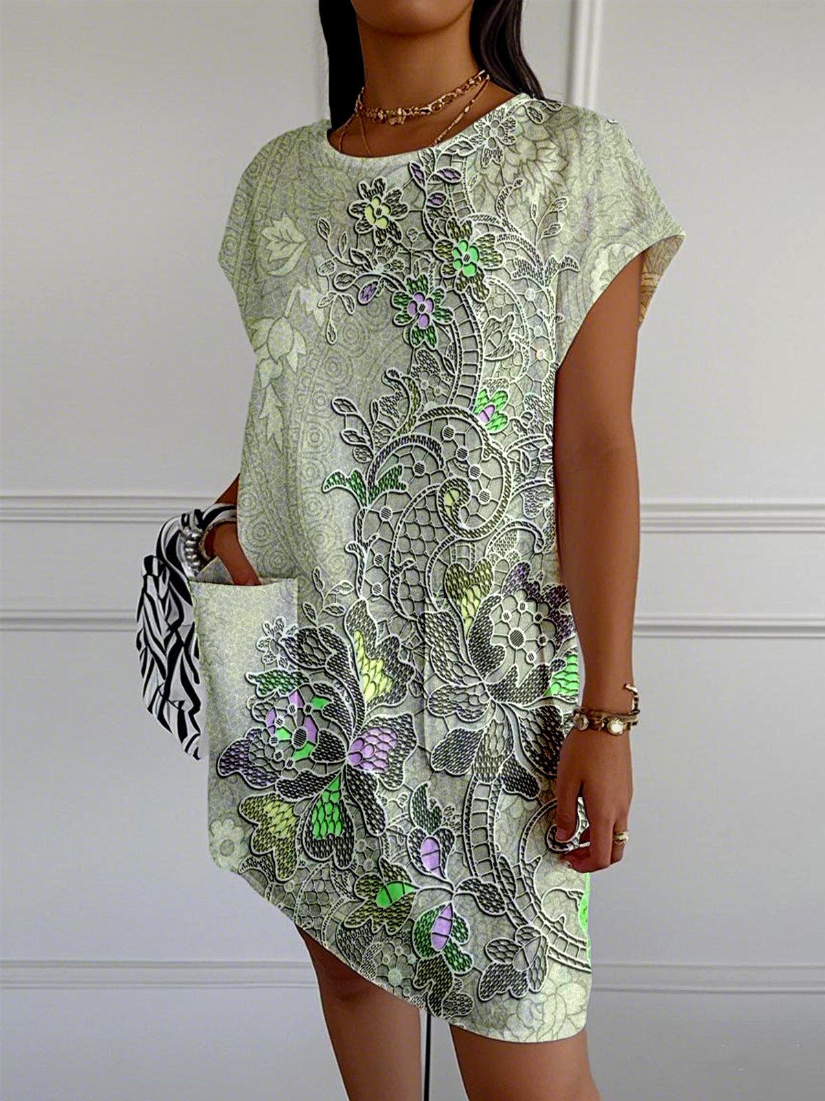 Casual 3D Printing Crew Neck Loose Dress With No