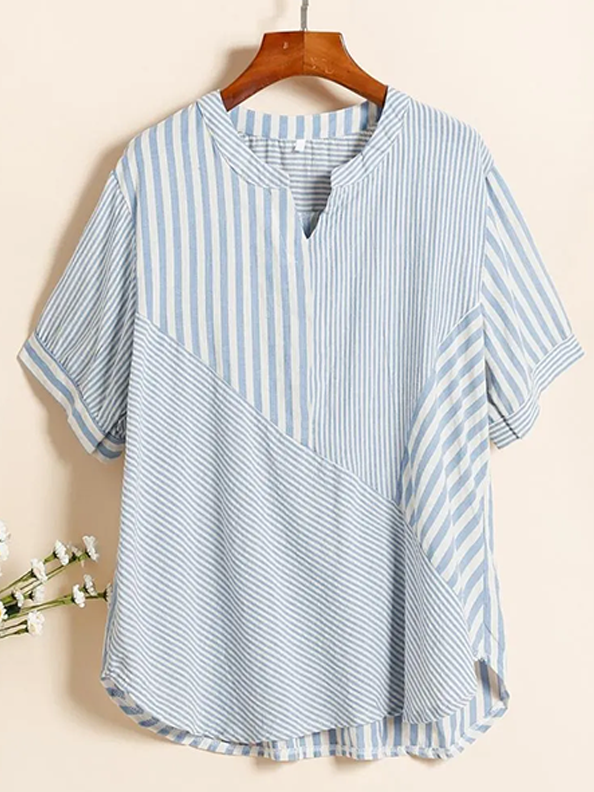 Casual Striped Shawl Collar Blouse