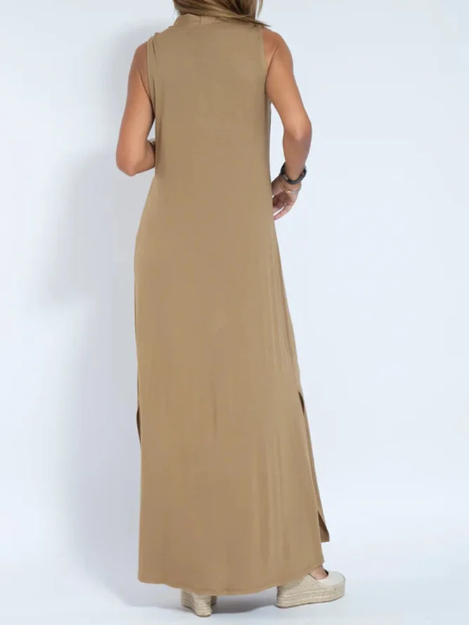 Women's Sleeveless Summer Khaki Plain Split Joint V Neck Daily Going Out Casual Maxi A-Line Fit & Flare Dress Dress