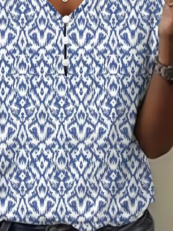 Women's Geometric Print Pearl Button V-Neck Short Sleeve T-Shirt