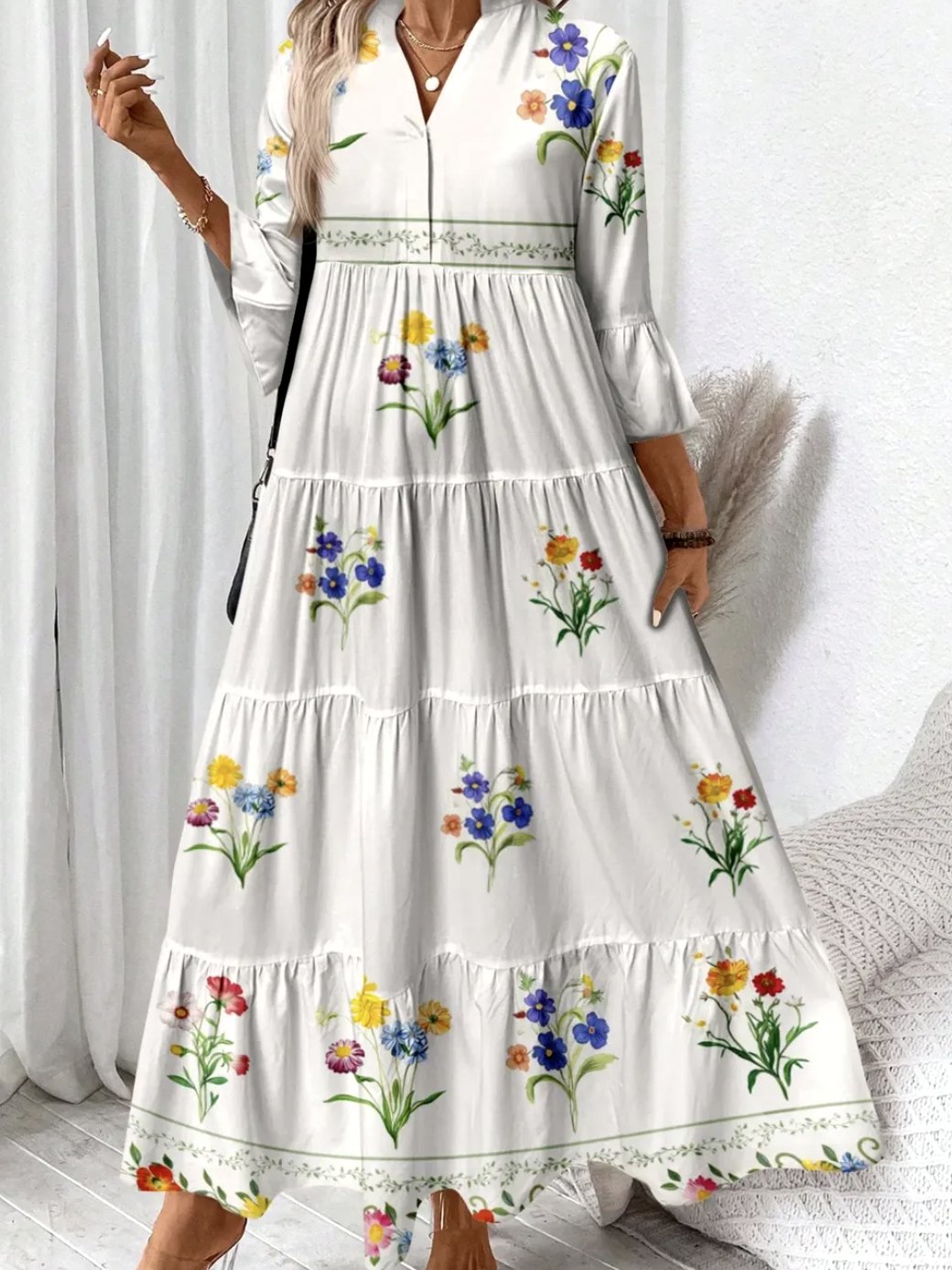 Floral Casual V Neck Regular Fit Dress With No