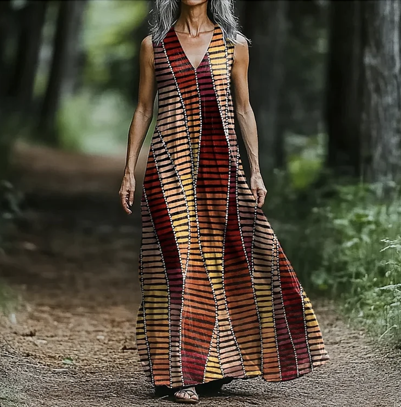 Geometric V Neck Casual Cotton Dress With No