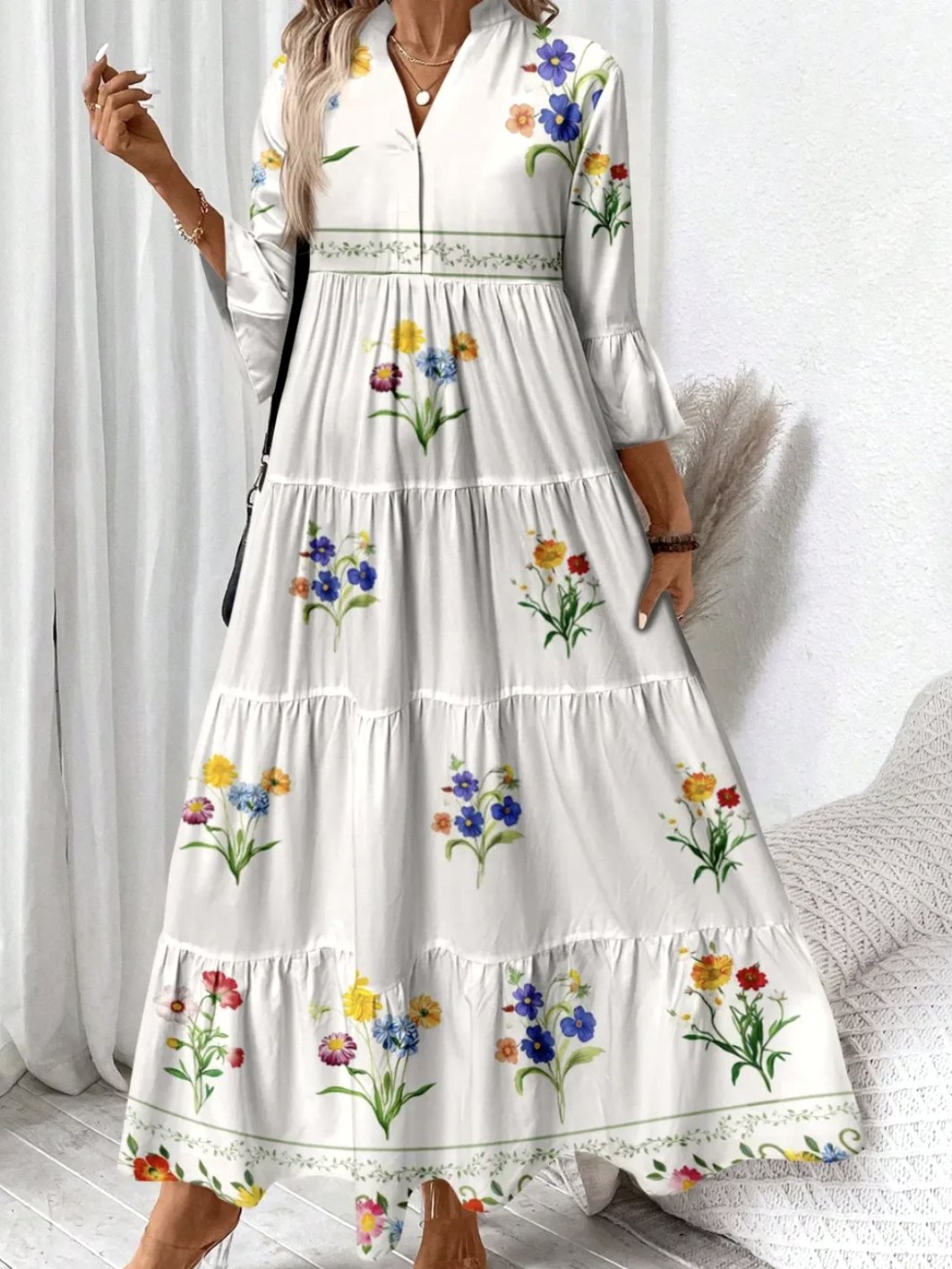 Floral Casual V Neck Regular Fit Dress With No