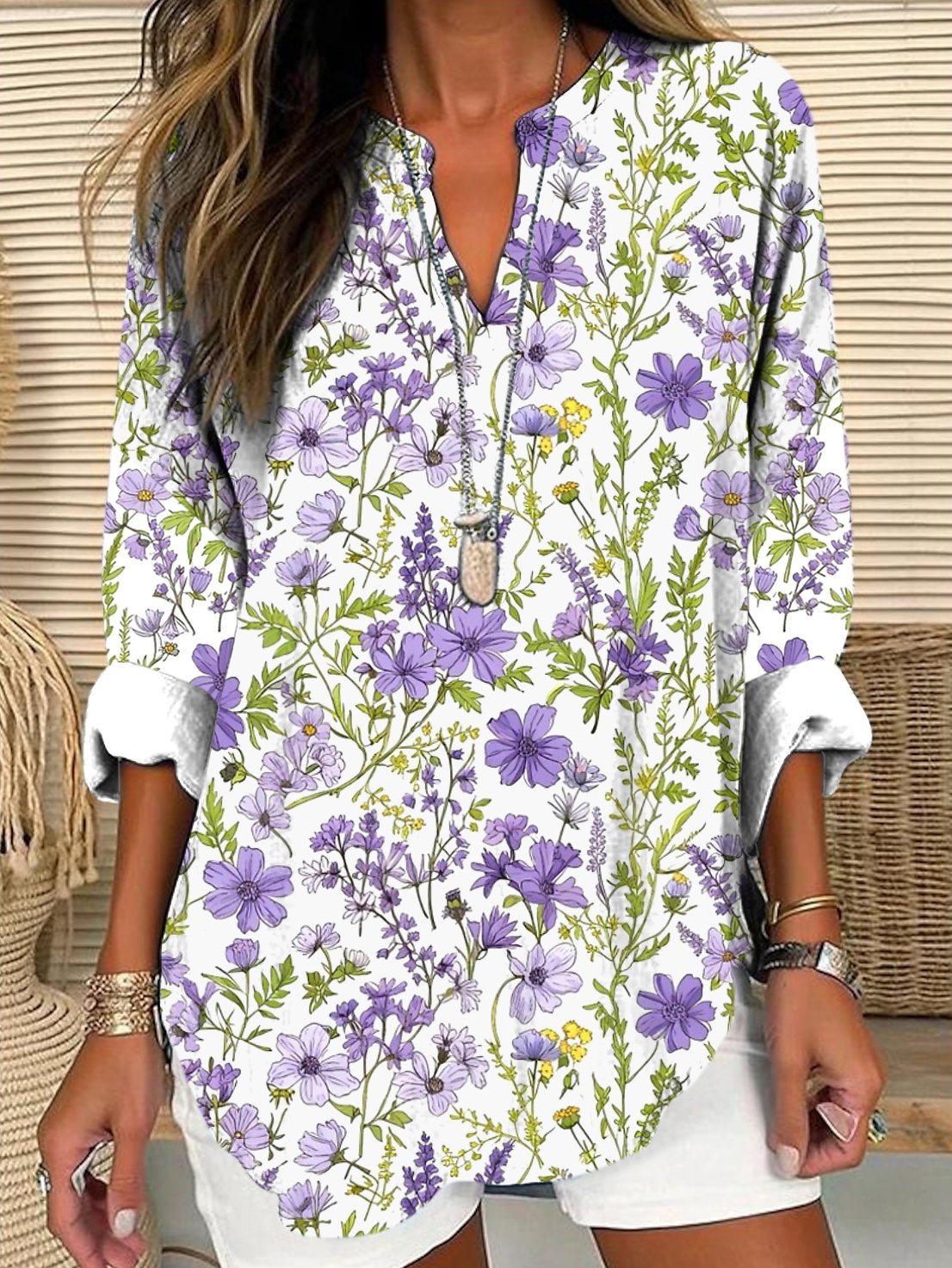 V Neck Regular Fit Casual Cotton Shirt