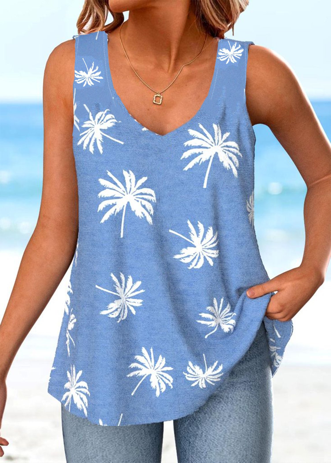 Coconut Tree Loose Casual V Neck T-Shirt