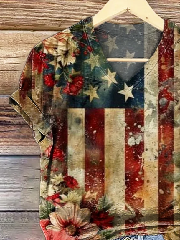 Women's Floral Flag Independence Day Printed Casual V-Neck Short Sleeve T-Shirt