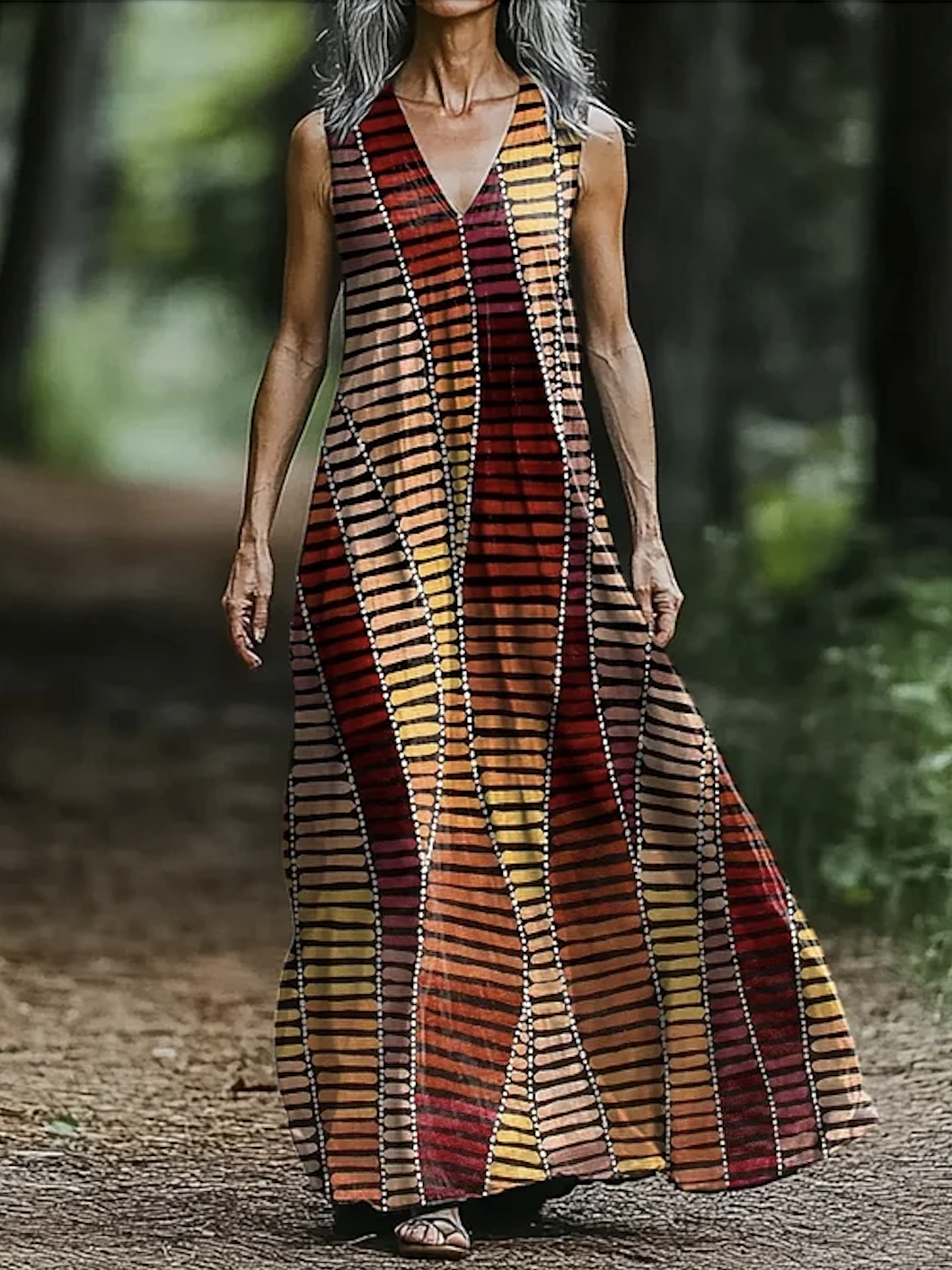 Geometric V Neck Casual Cotton Dress With No